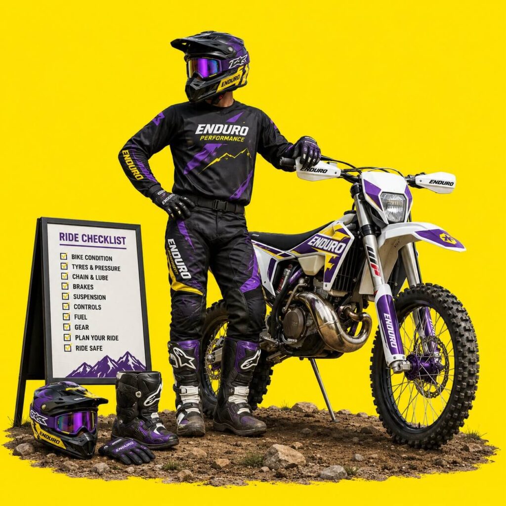 ilustracja pokazująca motocyklistę hard enduro z motocyklem i sprzętem potrzebnym do szkolenia