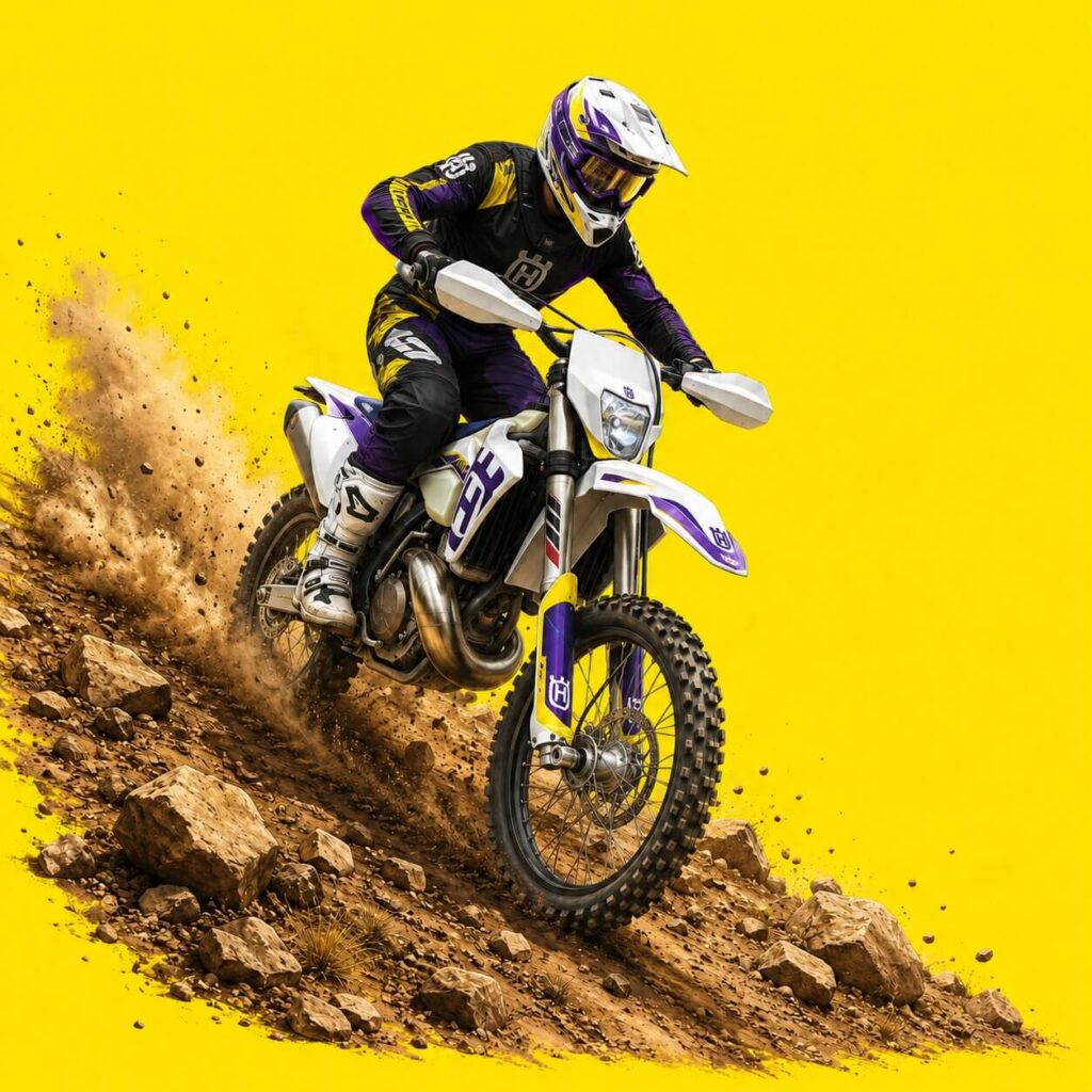 ilustracja pokazująca motocyklistę hard enduro pokonującego zjazd podczas szkolenia
