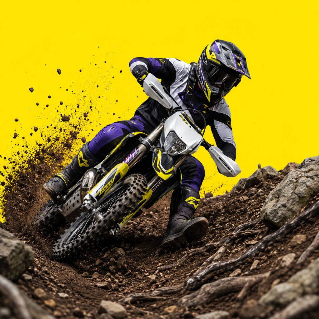 ilustracja pokazująca motocyklistę hard enduro pokonującego zakręt podczas szkolenia