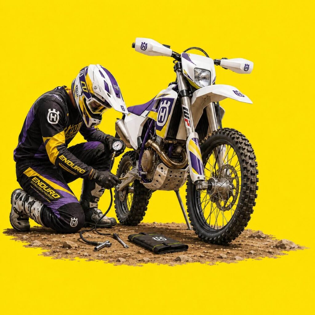 ilustracja pokazująca motocyklistę hard enduro ustawiającego motocykl podczas szkolenia