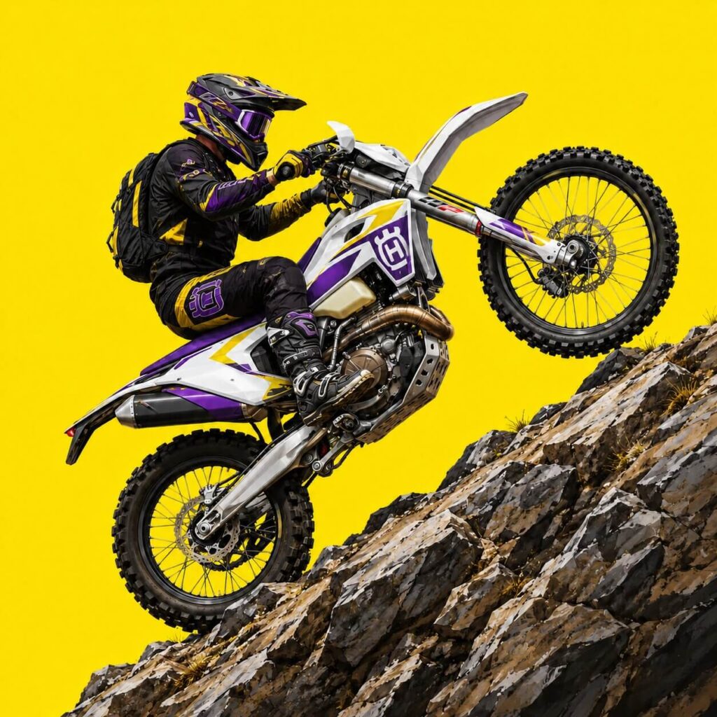 ilustracja pokazująca motocyklistę hard enduro pokonującego stromy podjazd podczas szkolenia